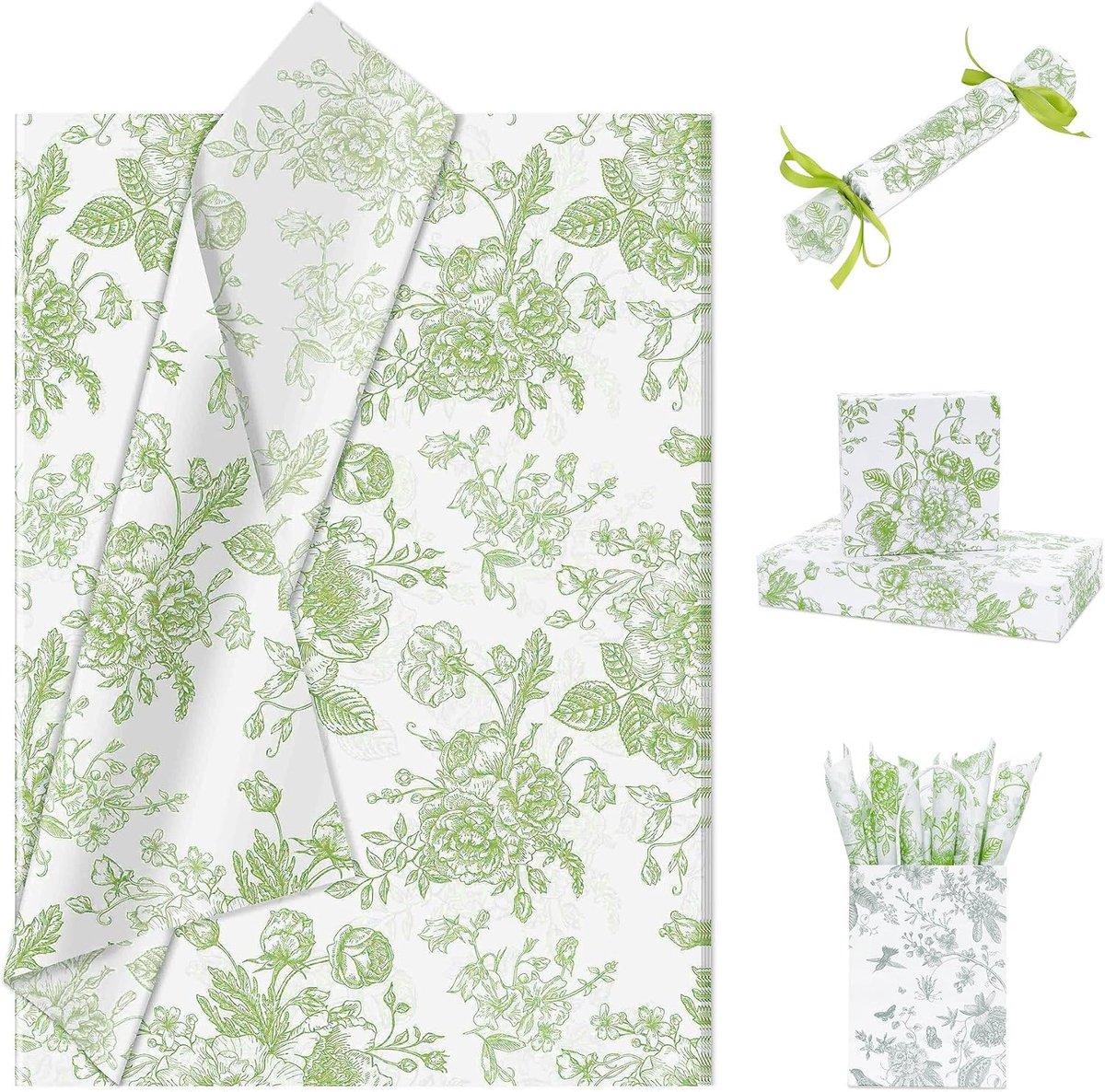 Bloemen Tissuepapier, Wit Groen Tissuepapier voor Cadeauverpakking, Vintage Boeket Verpakkingsvellen, Matte Kunst Cadeaupapier voor Verjaardag, Bruiloft, Jubileum, Knutselen, 30 Stuks 50 x