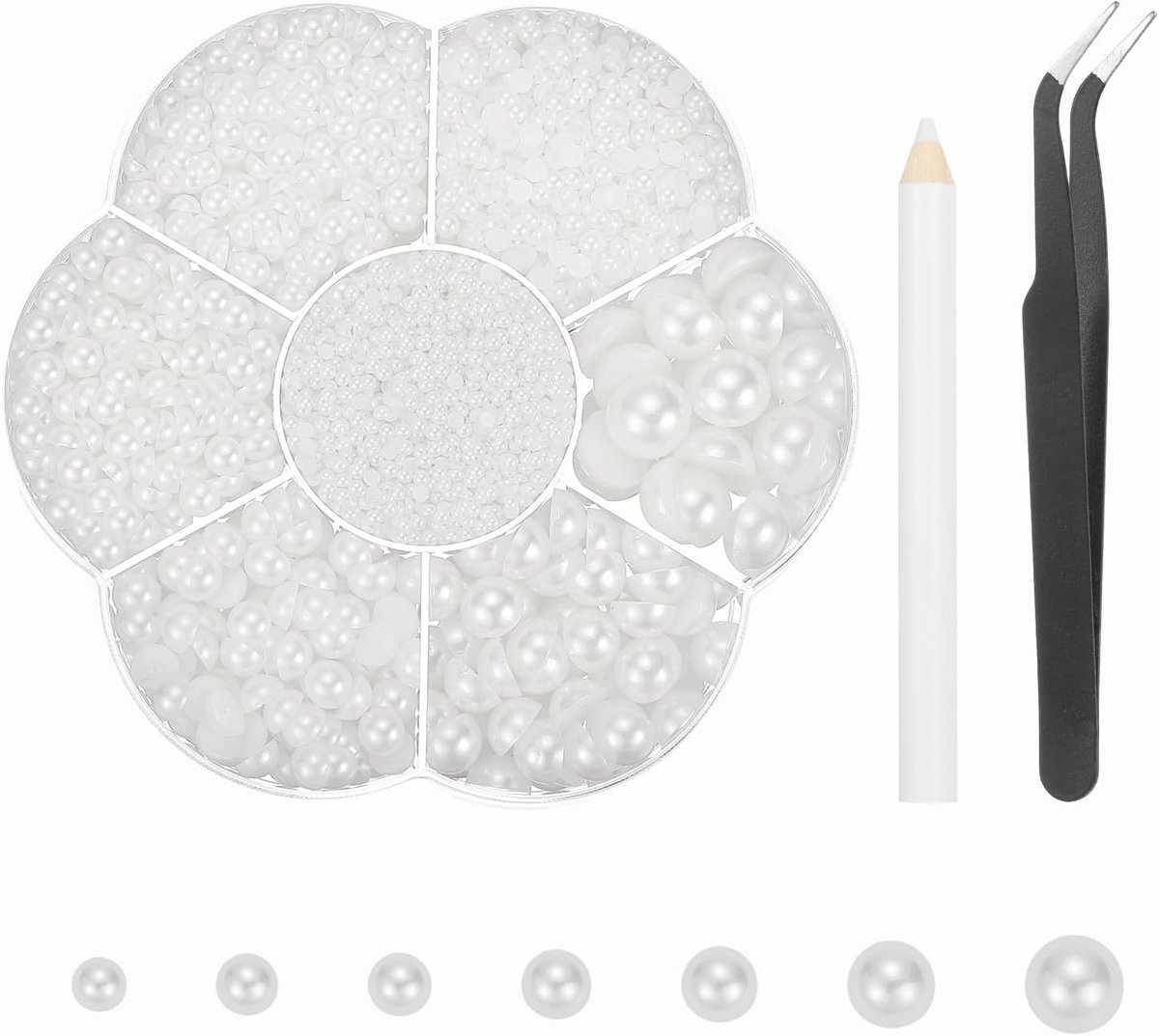 Kralen met platte rug, gemengde maten, platte achterkant, halve kralen met opnamestift en pincet voor nageldesign, knutselen, telefoonhoes, kleding, doe-het-zelf (wit)