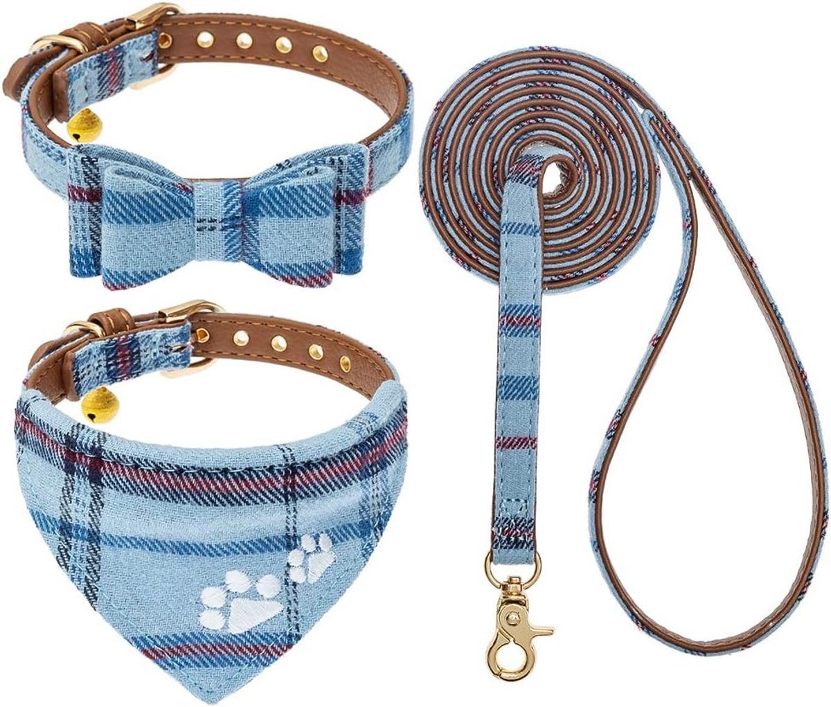 Halsband-en lijnset voor puppy‘s, geborduurde pootafdrukken, geruite hondenhalsband met strik en bandana, schattige halsband en lijn, voor honden en katten, blauw, maat XS