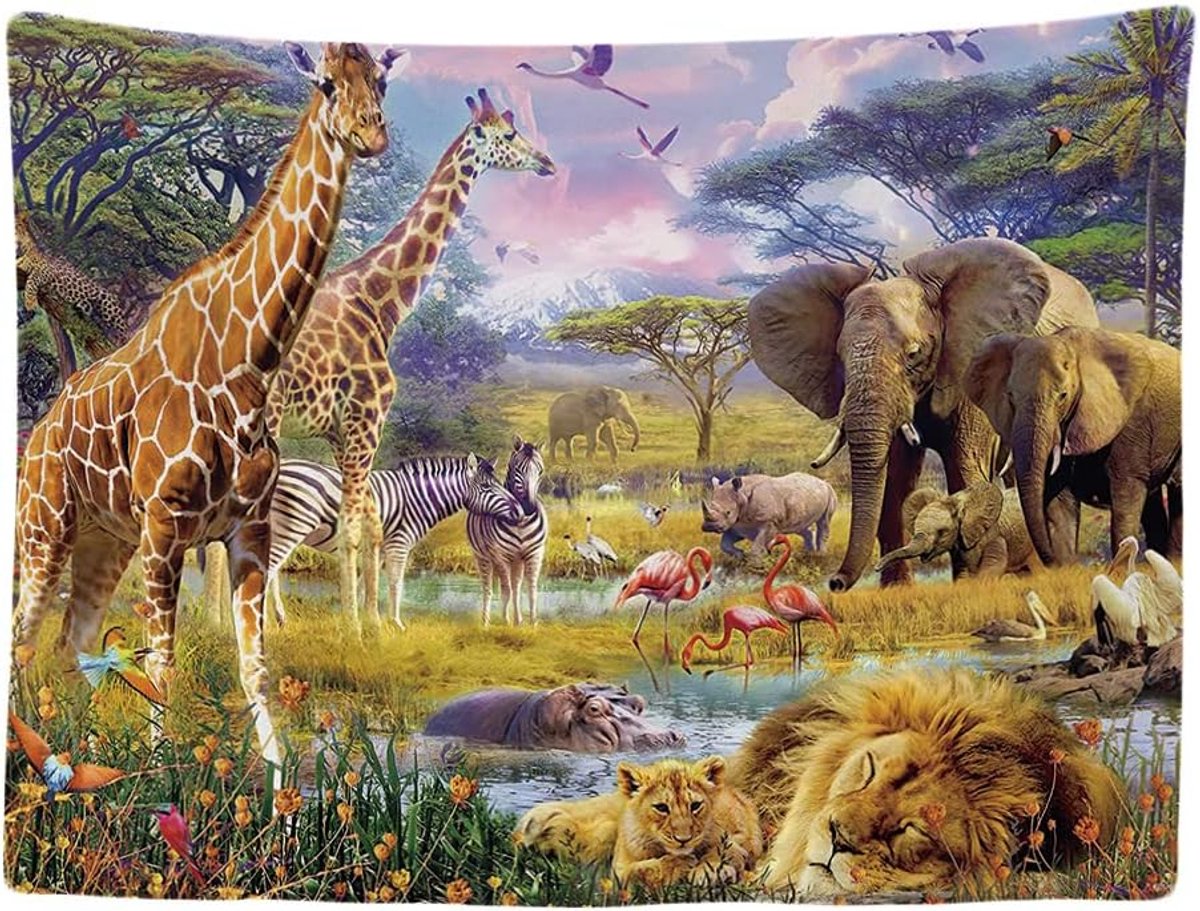 - Safari Dieren Natuur Giraffe Olifant - Wandkleed - 200x150 cm - Groot wandtapijt - Poster