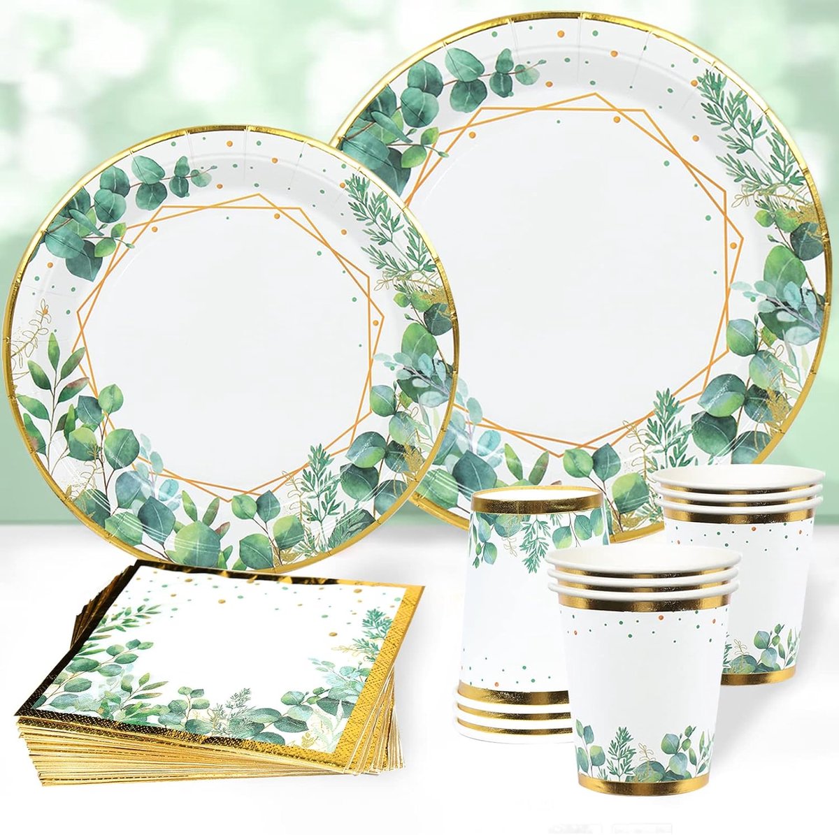 Salie Groene Papieren Borden Servetten Bekers Set, 96 Stuks Groen Goud Party Servies, Wegwerp Borden Baby Doucheborden Cups en Servetten voor Verjaardagsfeestbenodigdheden, Babyshower, Jungle Safari