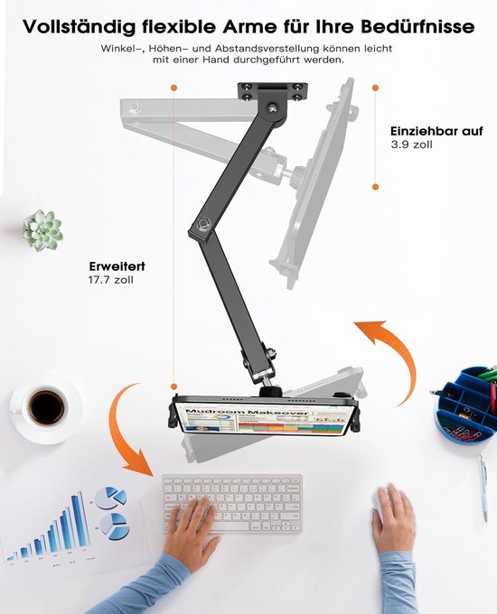 Tabletwandhouder voor 4-13 inch, 360 graden draaibaar, intrekbaar, 10-45 cm, iPad, Samsung Tab houder, muur voor zakelijk en thuis, trainen in de woonkamer en koken in de keuken (zwart) — afbeelding 3