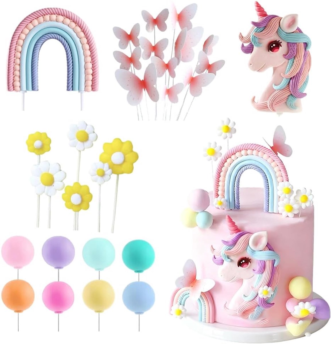 Taartdecoratie 28 Stuks, 3D-Eenhoorndecoratie Eenhoorn Bloemen Taart Decoratie Met Parels Ballen Vlinders Taart Topper Voor Meisjes Kinderen Vrouwen