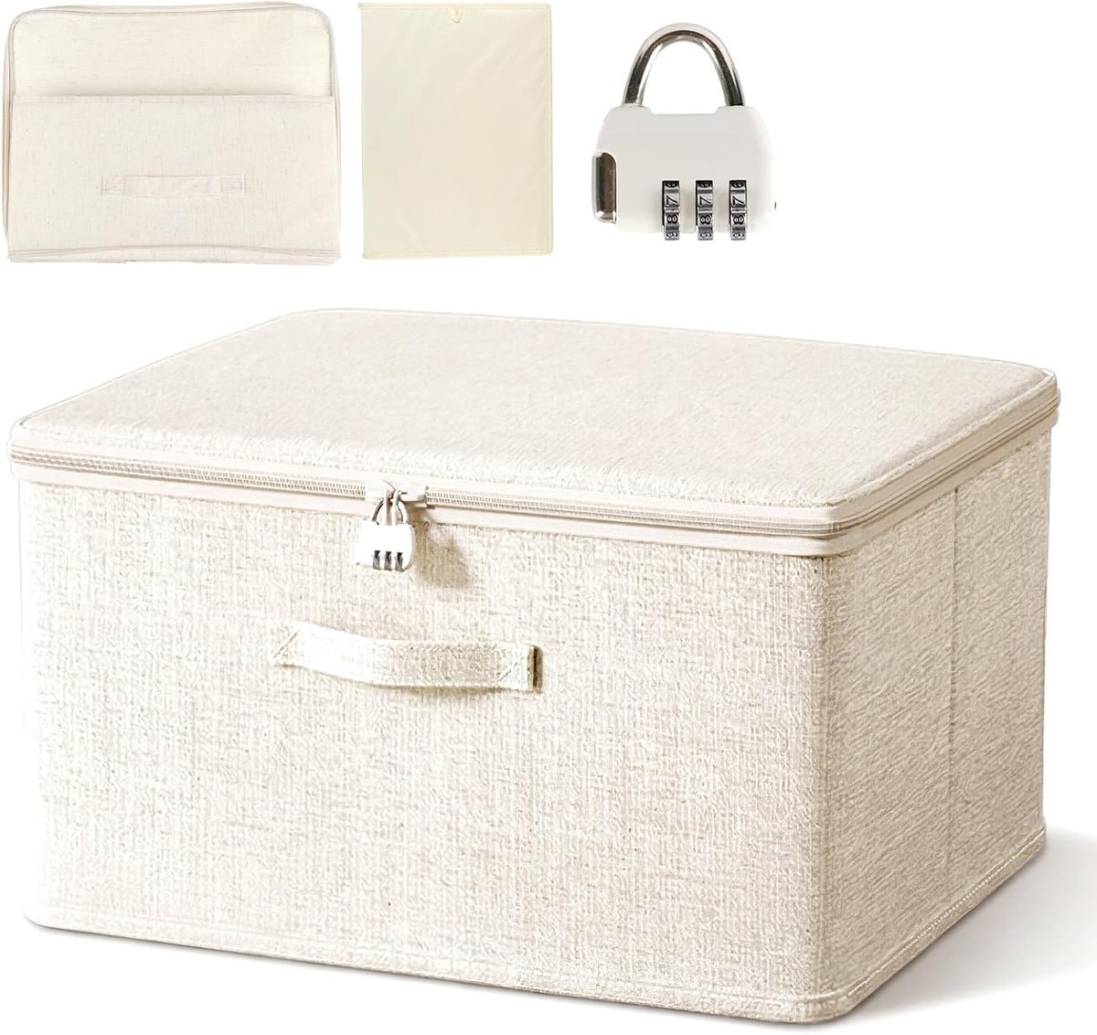 opbergbox met cijferslot, opvouwbare organizer box met handvaten en deksel voor kleding, speelgoed & medicijnen (40x30x21cm, beige)