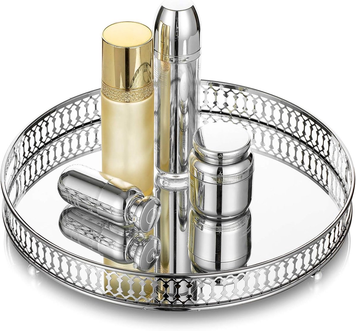 Cosmetische parfum gespiegelde lade: ijdelheid sieraden make-up organizer, sierlijke zilveren decoratieve kaarsenhouder woondecoratie voor bruiloft feest dressoir tafel slaapkamer en badkamer