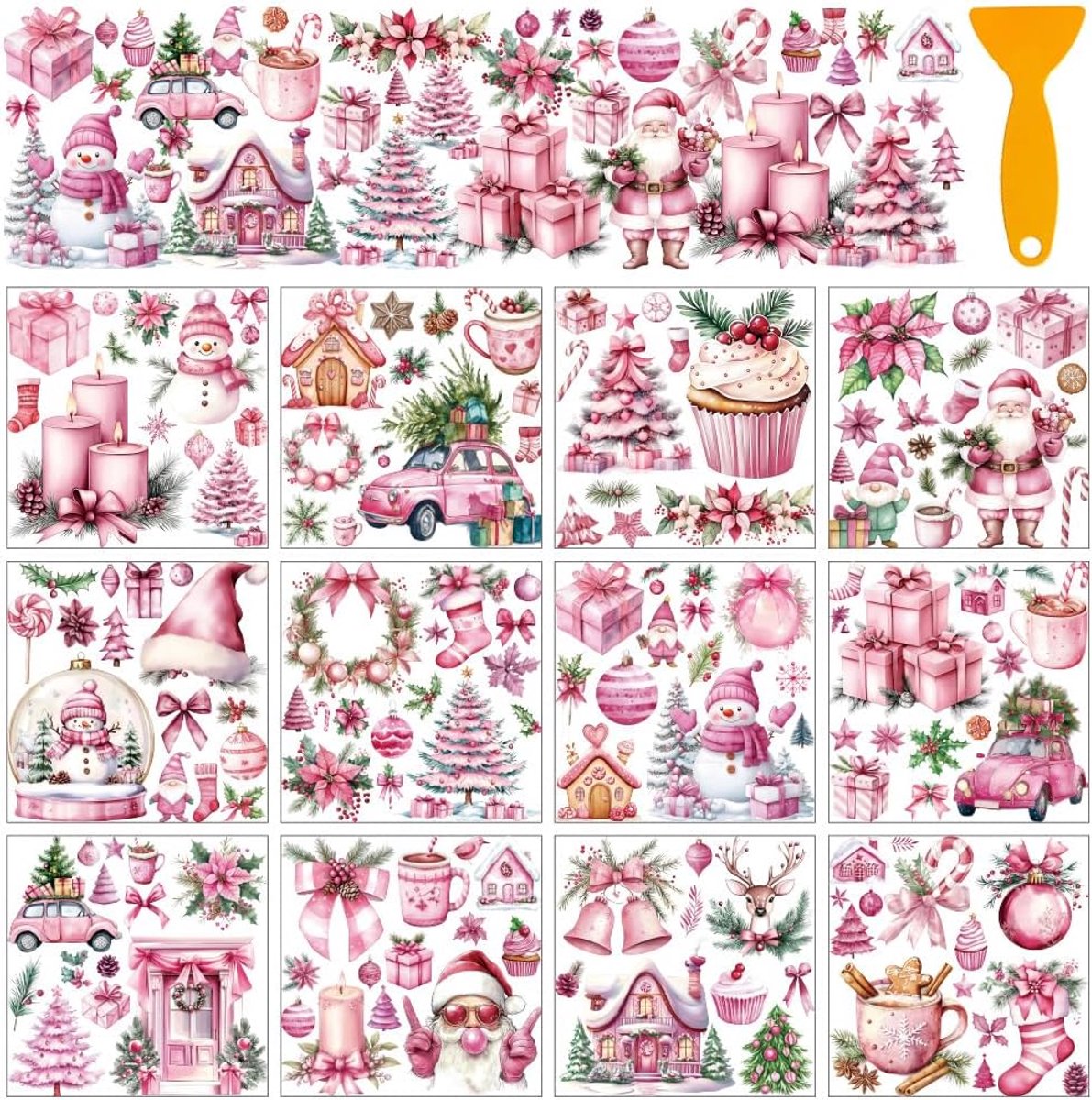 12 vellen roze kerst wrijven op overdracht stickers kerstboom kerstman sneeuwpop raamdecoratie meubels sticker voor thuis school kantoor decor doe-het-zelf ambachten benodigdheden, 5,5 x
