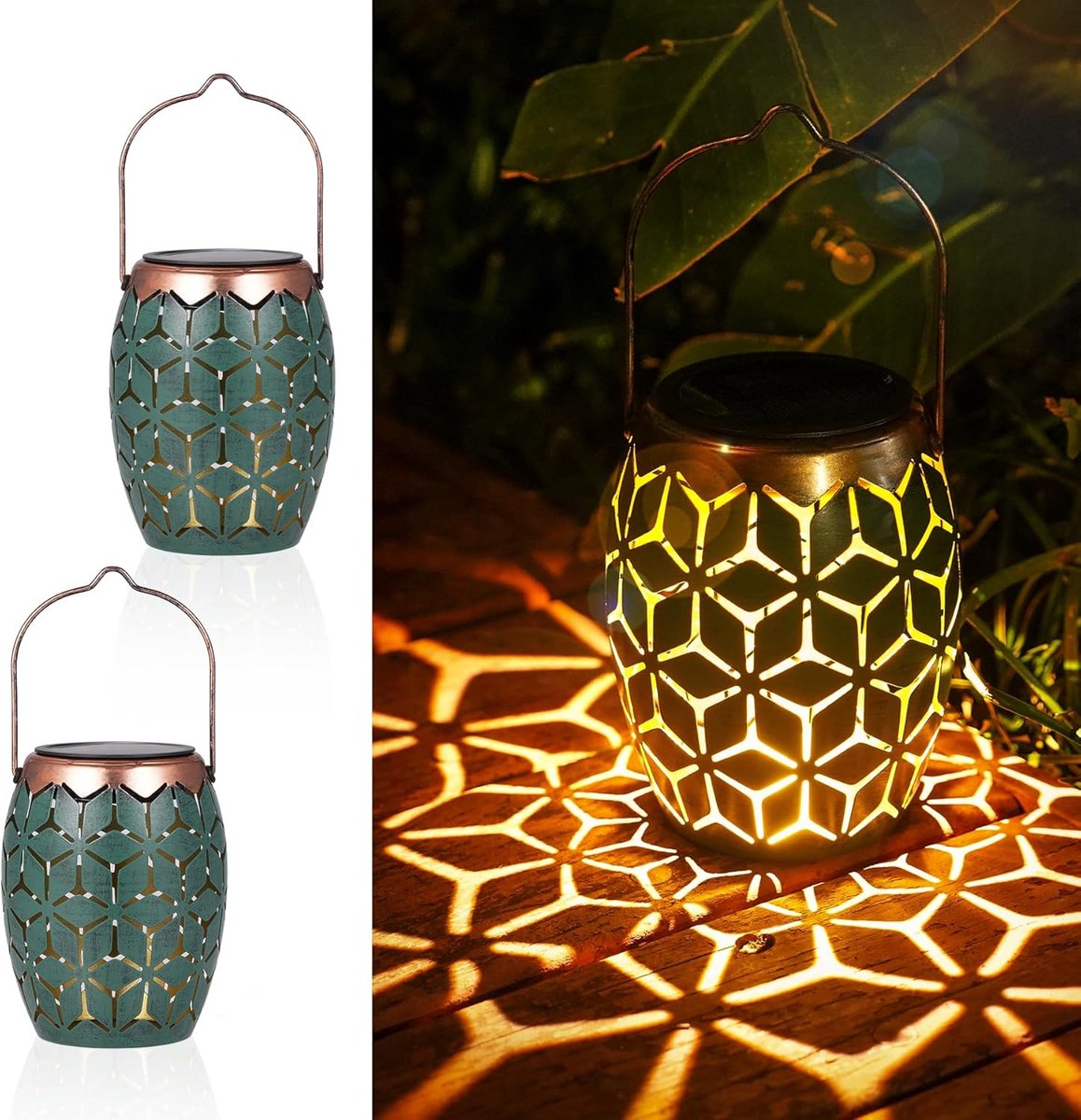 Lantaarns op zonne-energie voor buiten, 2 stuks, waterdicht IP65, zonne-lantaarn voor buiten, hangend/staand, metalen zonnelampen voor buiten, tuin, tuindecoratie, balkon, gazon