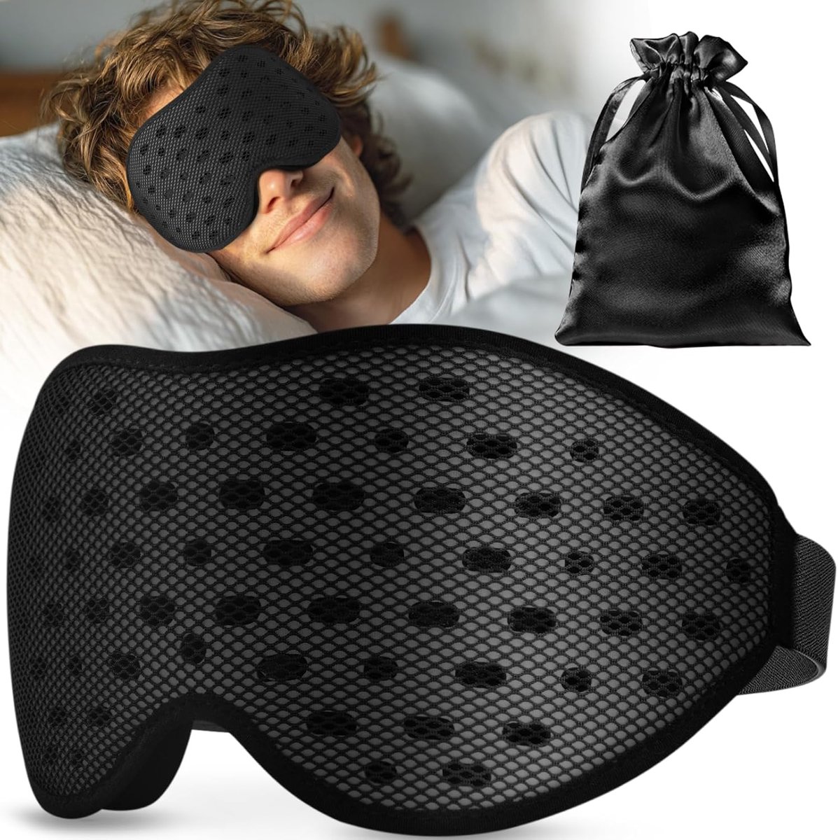 Slaapmasker, ademend, 100% ondoorzichtig, voor dames en heren, editie 2025 3D, ultralicht, comfortabel, met opbergtas, voor reizen, vliegtuig, nacht, zwart