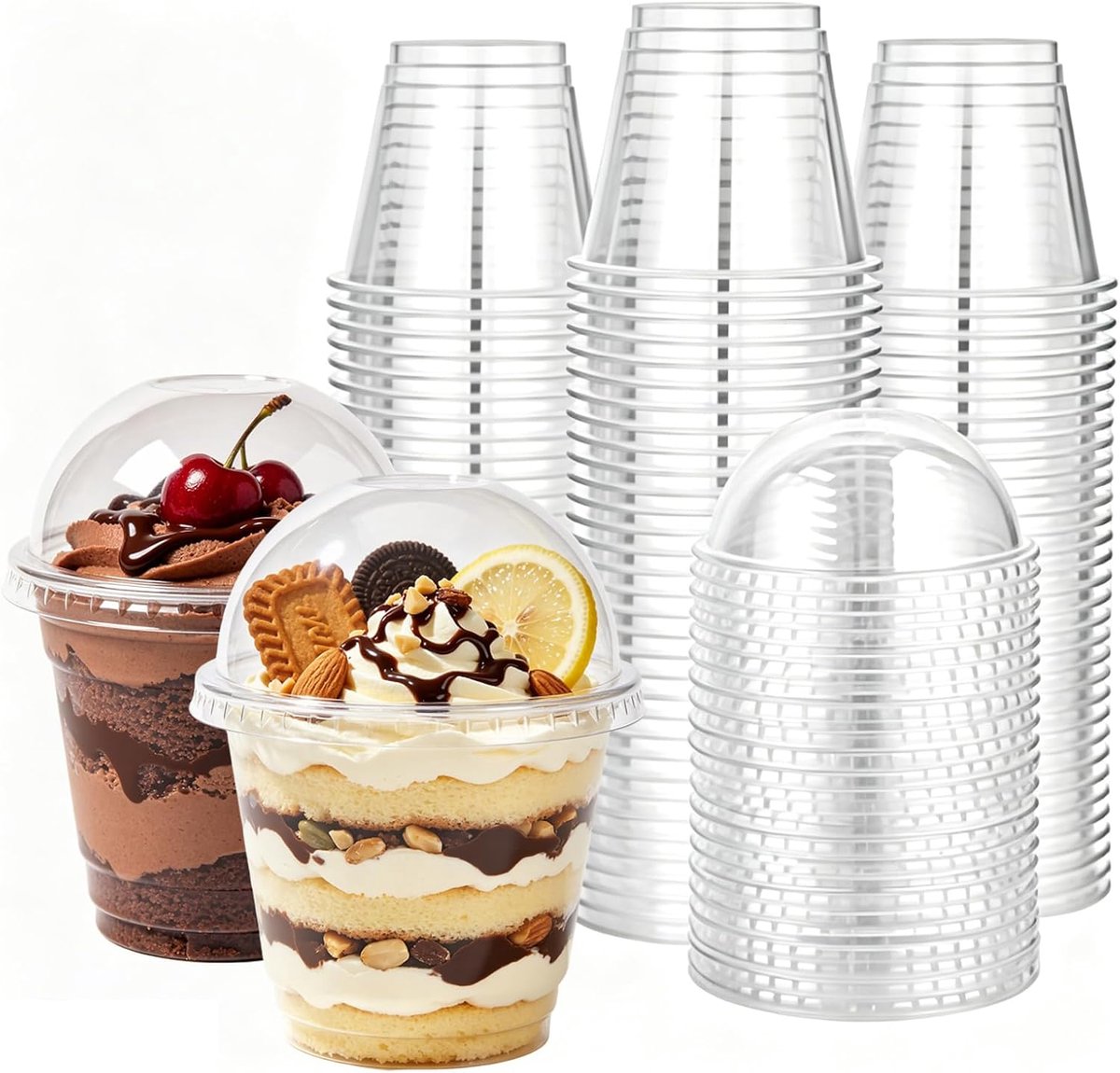 50 stuks dessertglazen van kunststof met deksel en lepels, 260 ml dessertbekers, herbruikbare transparante perfecte voorgerechtenbekers, herbruikbare plastic bekers, rond, voor pudding, mousse, party