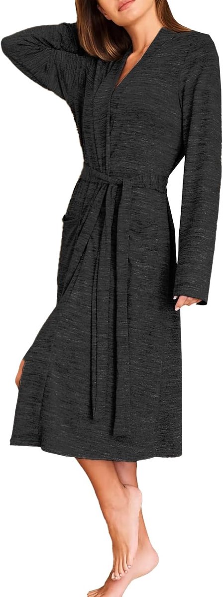 kimono-badjas voor dames, katoen, zacht en comfortabel, V-hals, elegante nachtkleding met riem en zakken, om thuis te ontspannen