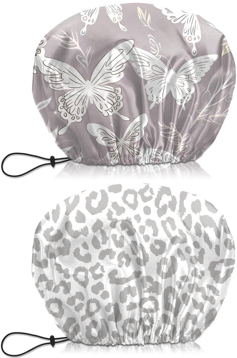 SnelShoppen - 2 Stuks Waterdichte Douche Cap Dubbellaags Elastische Verstelbare Herbruikbare Haar Badmutsen voor Meisjes Vrouwen Esthetisch Vlinder Wi