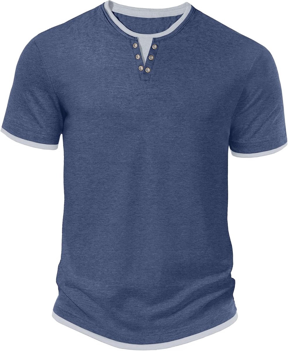 T-shirt voor heren, Henley met korte mouwen voor in de zomer, normale pasvorm en ronde hals, casual bovenkleding, klassieke T-shirts met color block