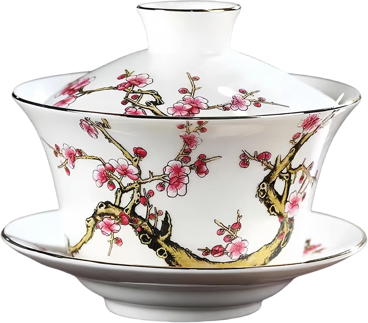 Theekopje 300 ML, Chinees Theekoppen met Deksel, Traditionele Porseleinen Theemok met Reliëfpatroon voor Pruim, Wit