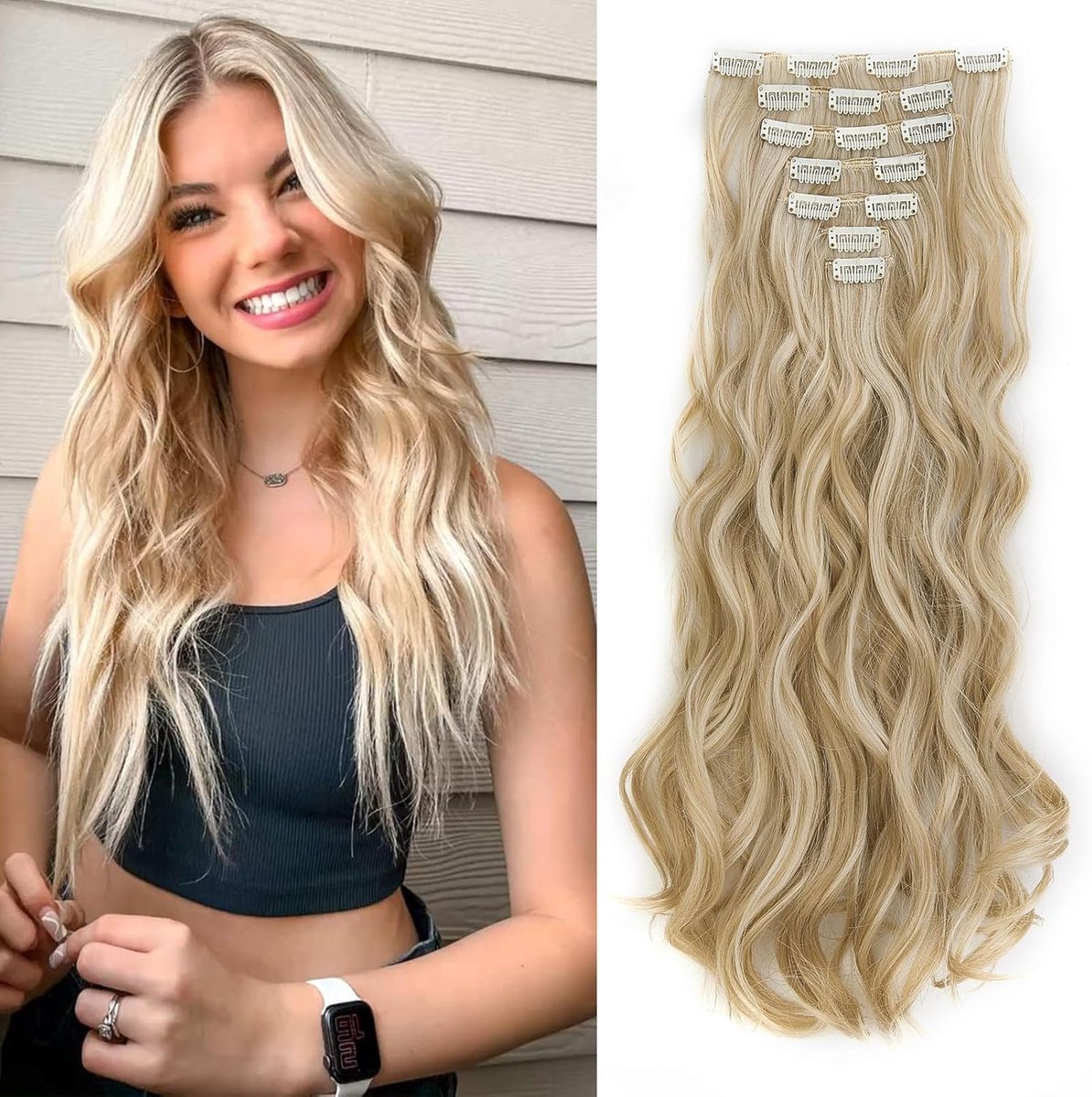 Clip in Extensions Haarverlenging Haar Deel Golvend 7 Stuks 50cm Haarverlengingen Clip in Haarverlenging Golvend Zoals Menselijk Haar Goedkope Synthetisch Krullen Lang, Zandblond/Blond