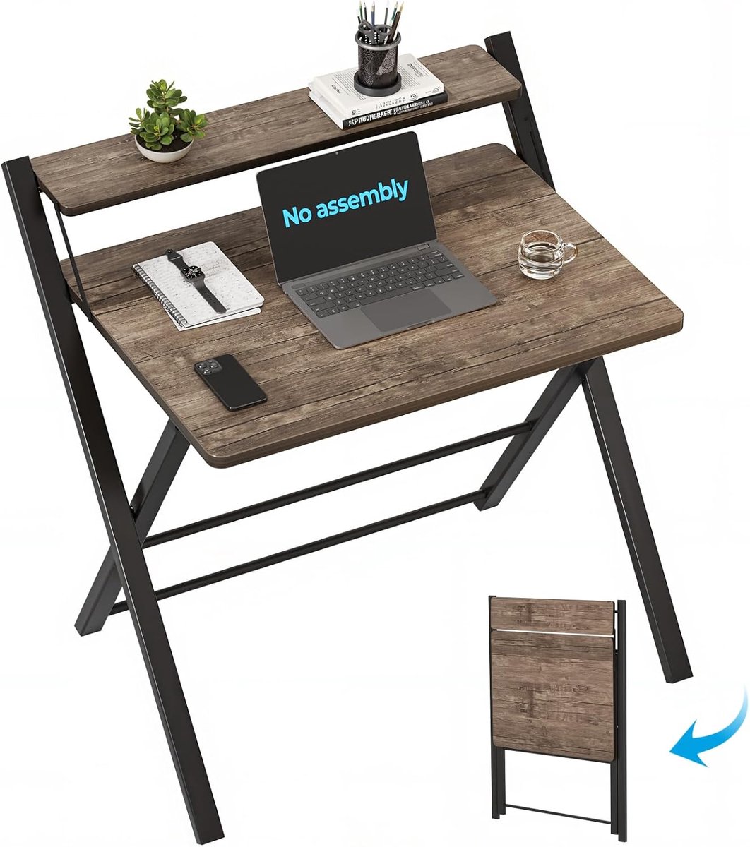 Kleine Vouwtafel 77cm, Vouw Gaming Tafel met 2 Opbergniveaus, Mini Laptop Tafel voor Kleine Ruimtes, Schrijftafel voor Werkstations, Bruin