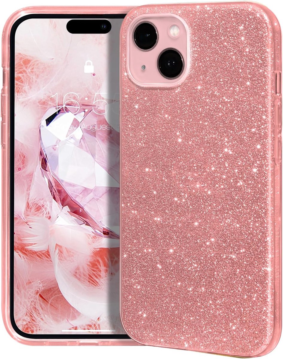 Compatibel met iPhone 15 Hoesje, Sprankelende Bling Glitter Cover met 3-laags Hybride, Anti-Slip Beschermhoes voor iPhone 15 6.1'' 2023-Roze