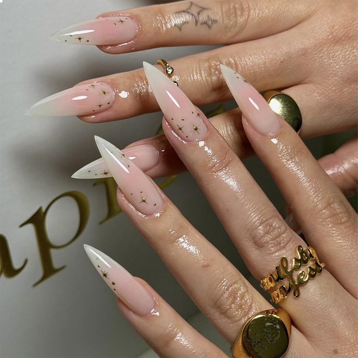 Druk Op Nagel Lange Stiletto Valse Glanzend Plakken Scherpe Amandel Acrylnagels Roze Ombre Kunstmatige Bling Ster Stickers