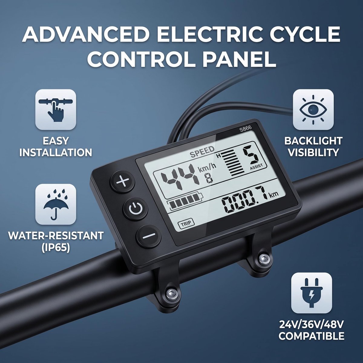 SnelShoppen - LCD-Scherm voor Elektrische Fietsen, Waterdichte Stekker Groot Display Meterbedieningspaneel Fietscomputers voor 22,2 Mm Stuurelektronic