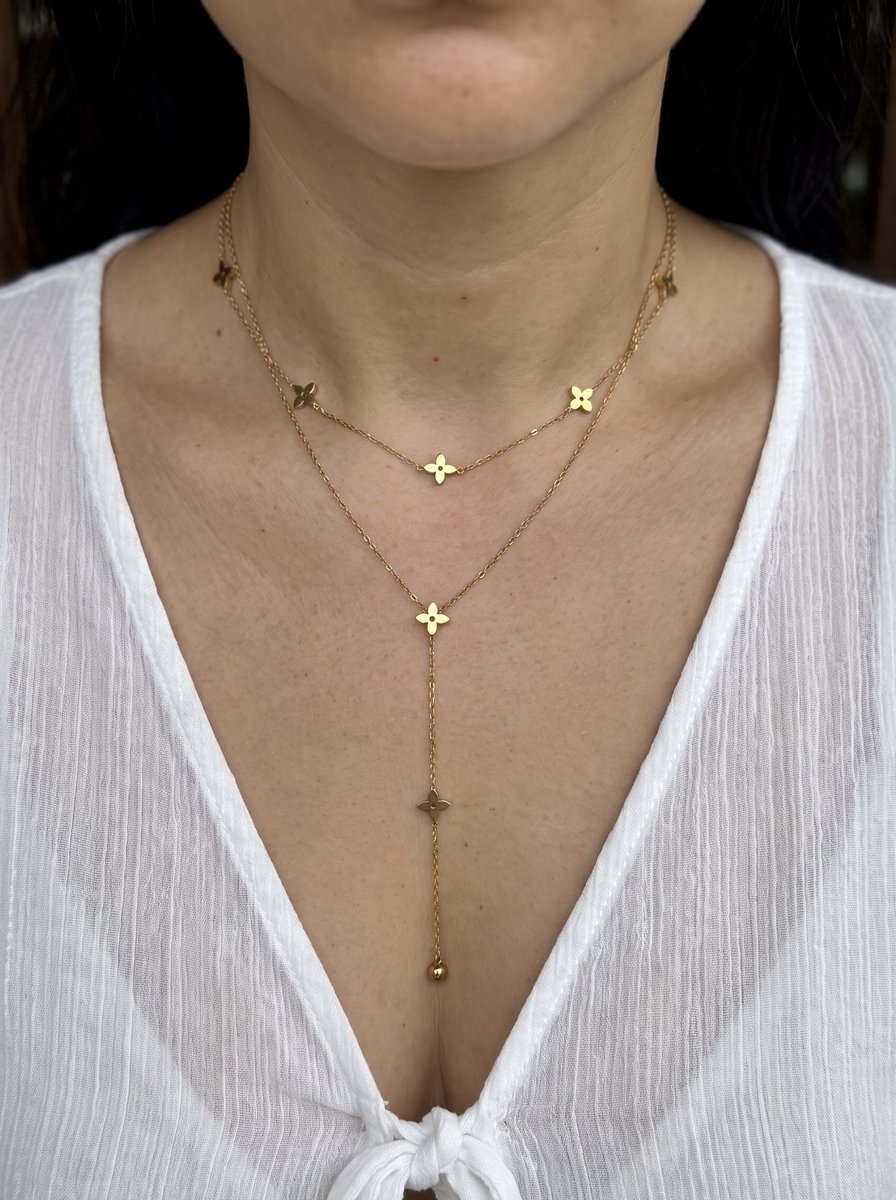 Anelplus RVS Goudkleurige Y-Ketting Dames met Klaver Bedels - Minimalistische Lariat Ketting - Waterproof