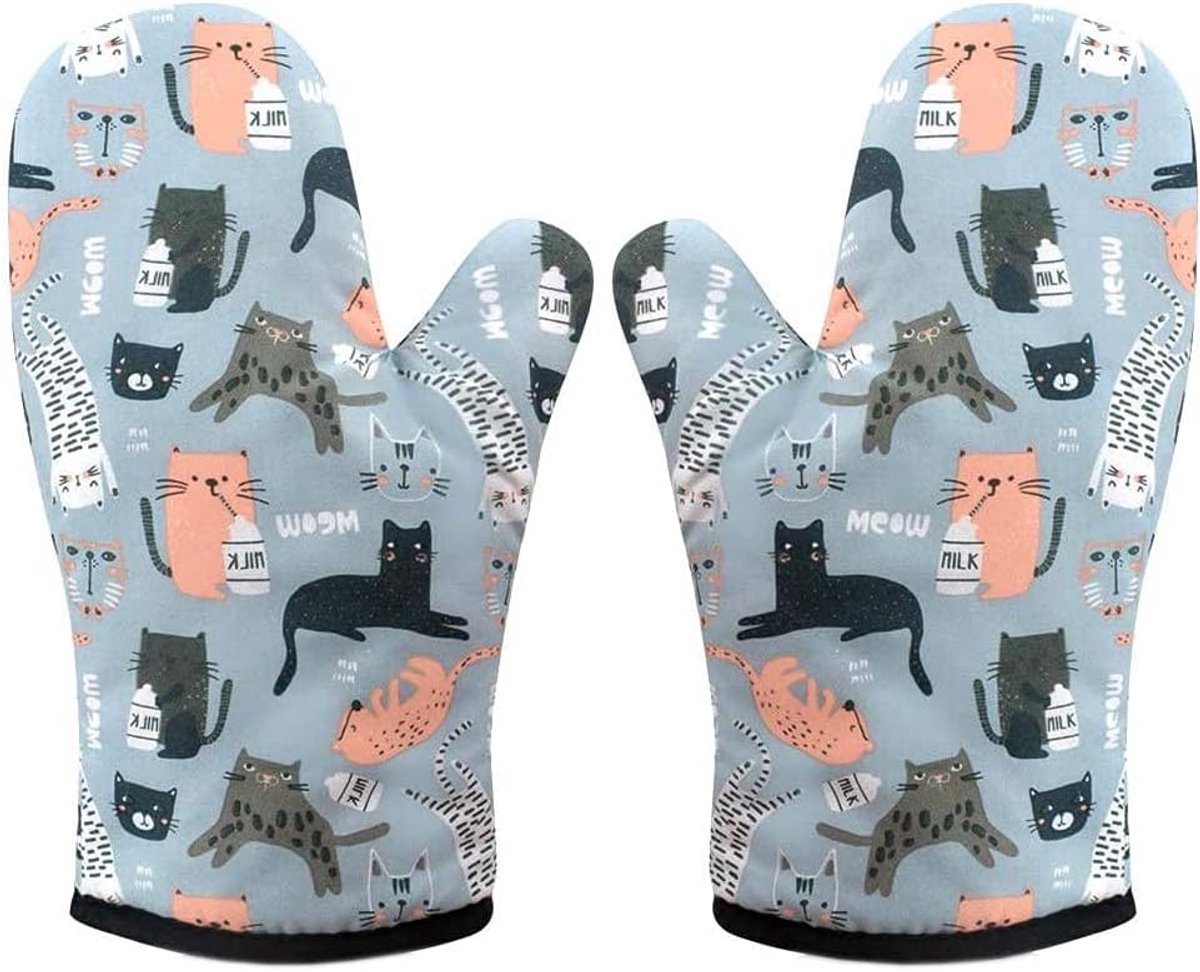 Pothouder, 2 stuks keukenhandschoenen, hittebestendig, antislip, zacht ademend voering, Kat Grijs, polyester, met katoen gevuld, 18 x 28 cm, handvorm, voor thuiskoks en bakkers