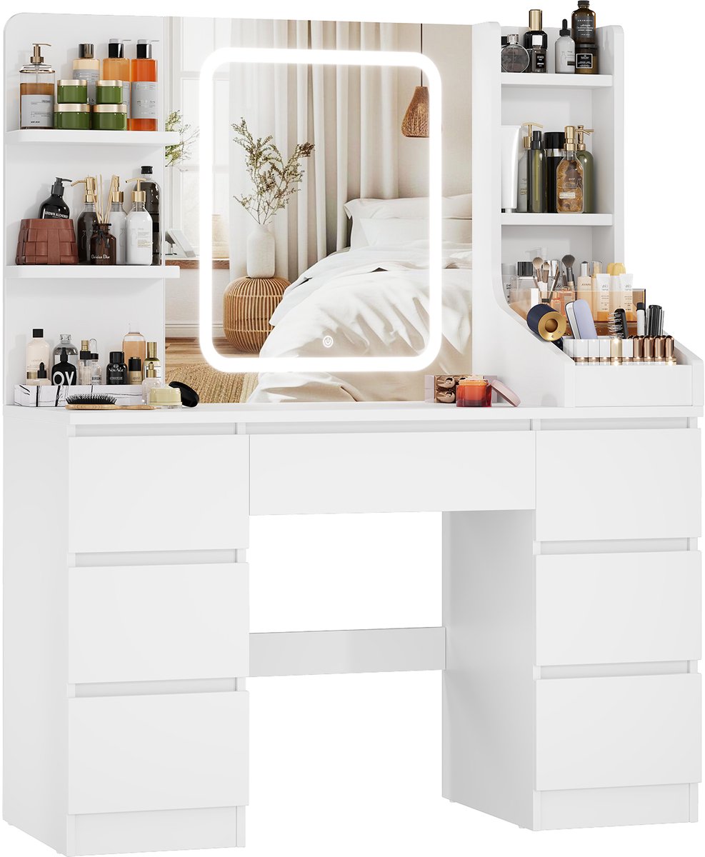Devoko Kaptafel met LED Spiegel - 108x39,5x139 cm - 7 Lades, 3 Opbergvakken & Zijopberging - Dimbare Verlichting met 3 Lichtkleuren - Wit