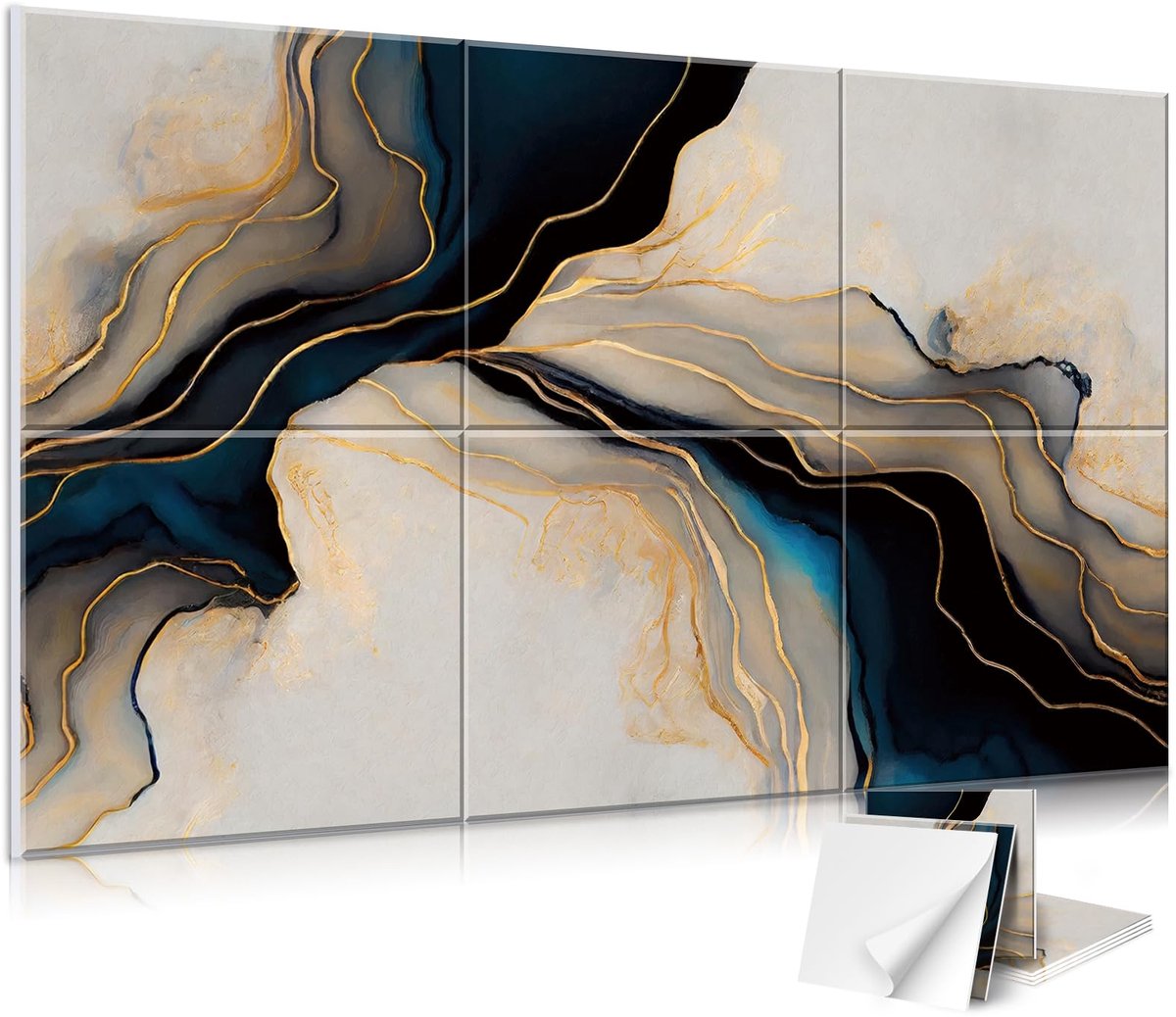 SnelShoppen - JBER Akoestische Panelen 6 Stuks Zelfklevend Geluidsabsorberend Muurkunst Schilderijen 120 x 68 cm Zwart Goud Marmer voor Woonkamer Badk