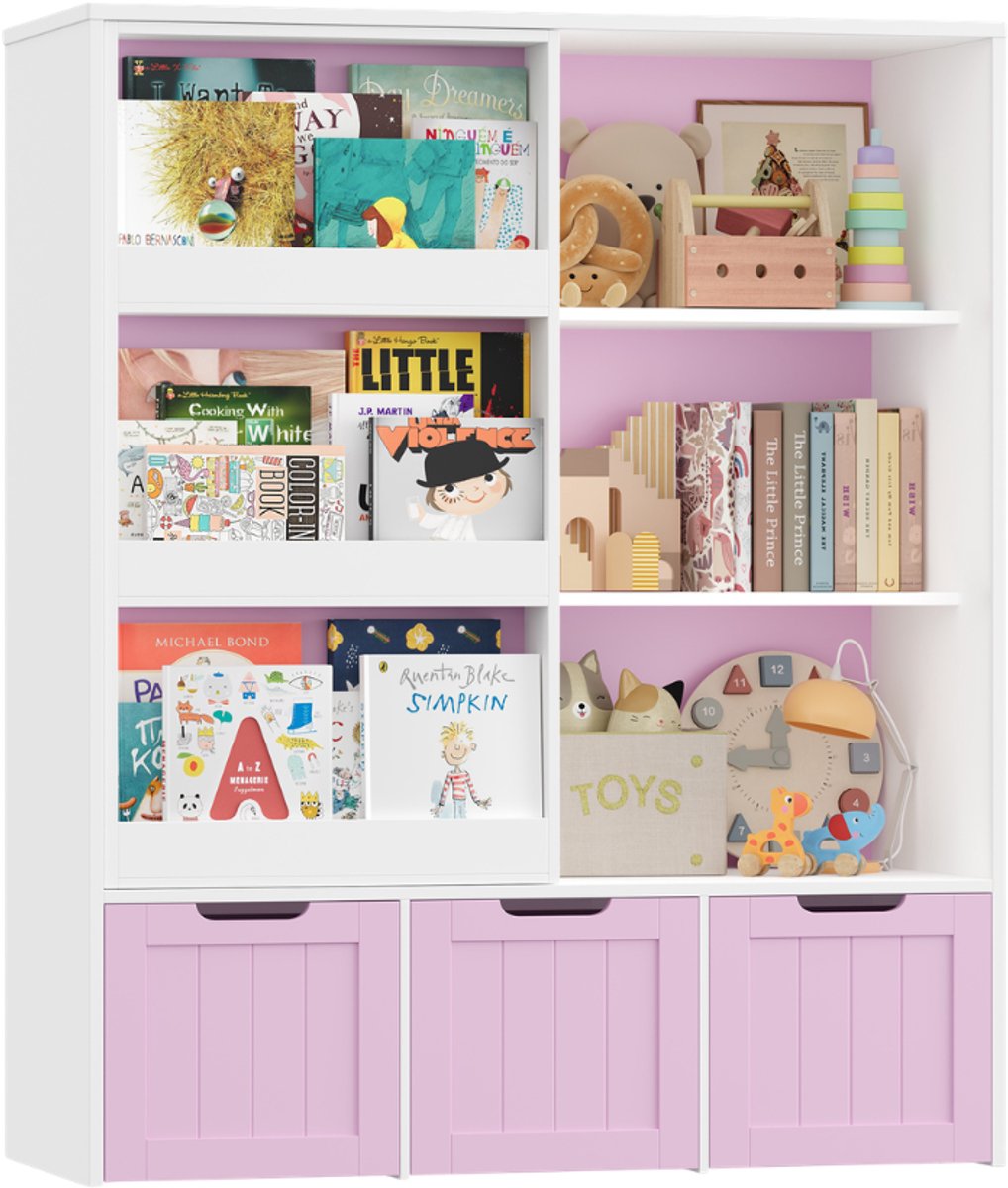 Getone Kinderboekenplank – Voor Kinderkamer – Schuifdeur & 3 Lade Opbergers – 10 Planken, Wit