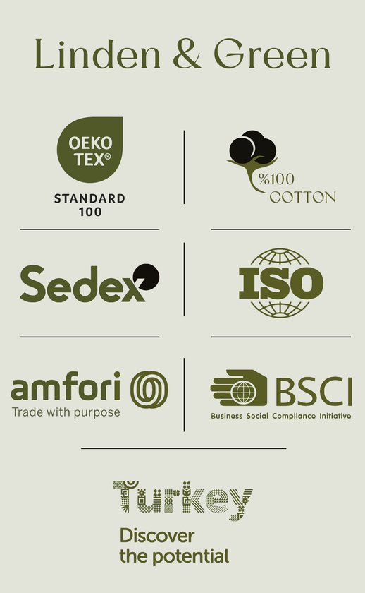 Certificeringen: Oeko-Tex, 100% Katoen, Sedex, ISO, Amfori, BSCI, en Turkse makelij.