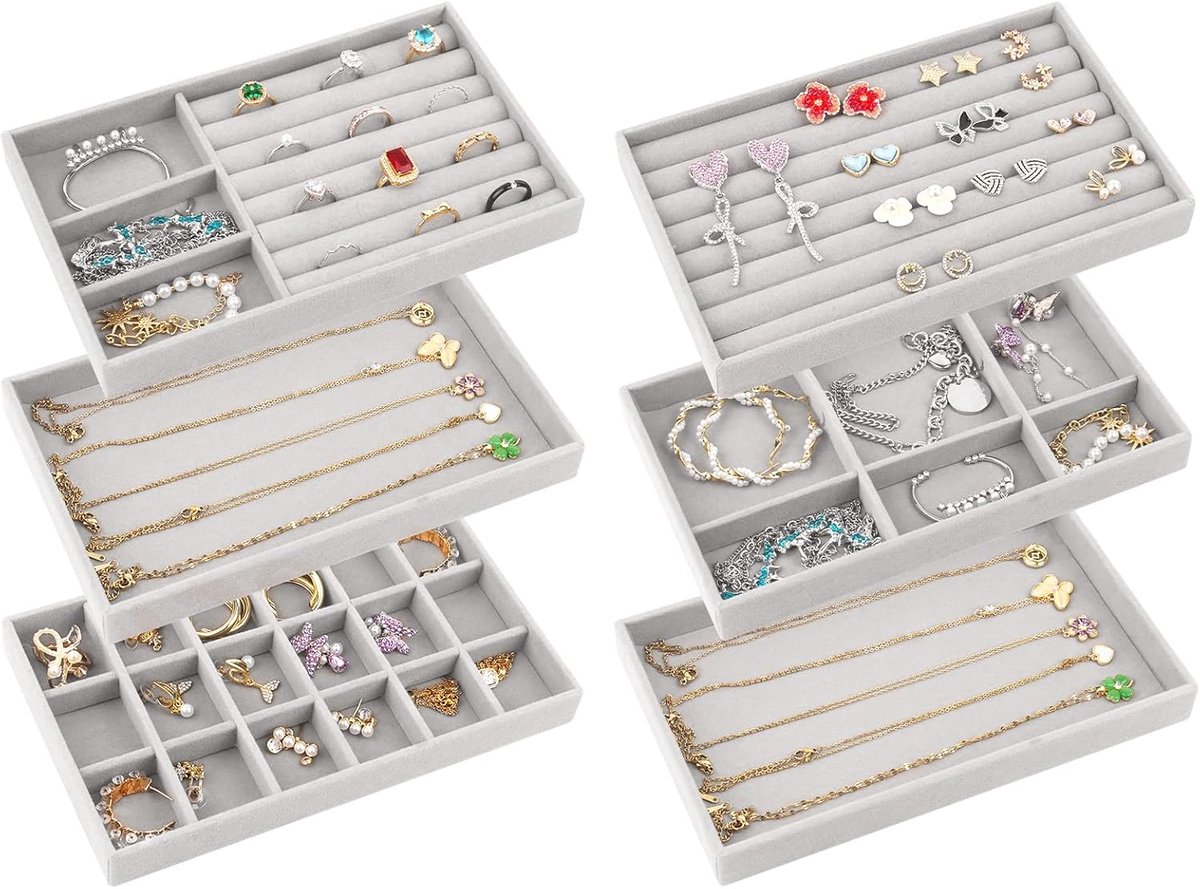 SnelShoppen - Sieradendienblad 6 stuks, sieradenorganizer stapelbaar, lade-inzetstuk voor halskettingen, armbanden, oorbellen, ringen, horloges, multi
