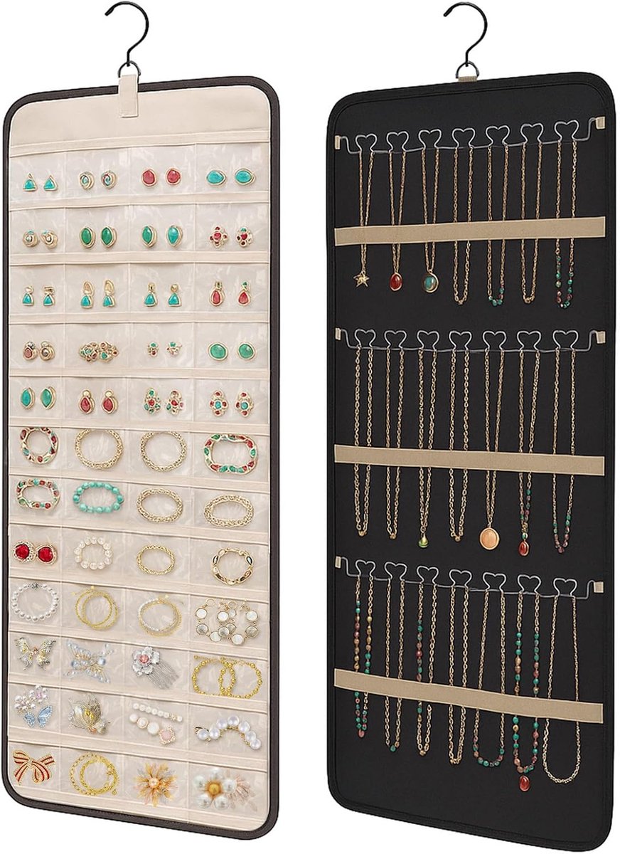 SnelShoppen - Dubbelzijdige Sieradenhouder met 48 Transparante Pockets en 21 Metalen Haken - Grote Opbergruimte voor Kettingen, Oorbellen en Armbanden