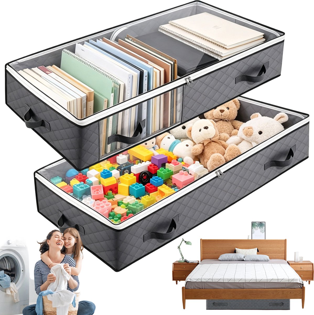 Opbergdoos Onder Bed - Opbergdozen - 2 Stuks - 100x50x16cm Plat & Opvouwbaar - Non-woven Stof & Ademend - Ultradun voor Bedbodem - Rechthoekig & Ruim - Voor Kleding, Dekens & Speelgoed