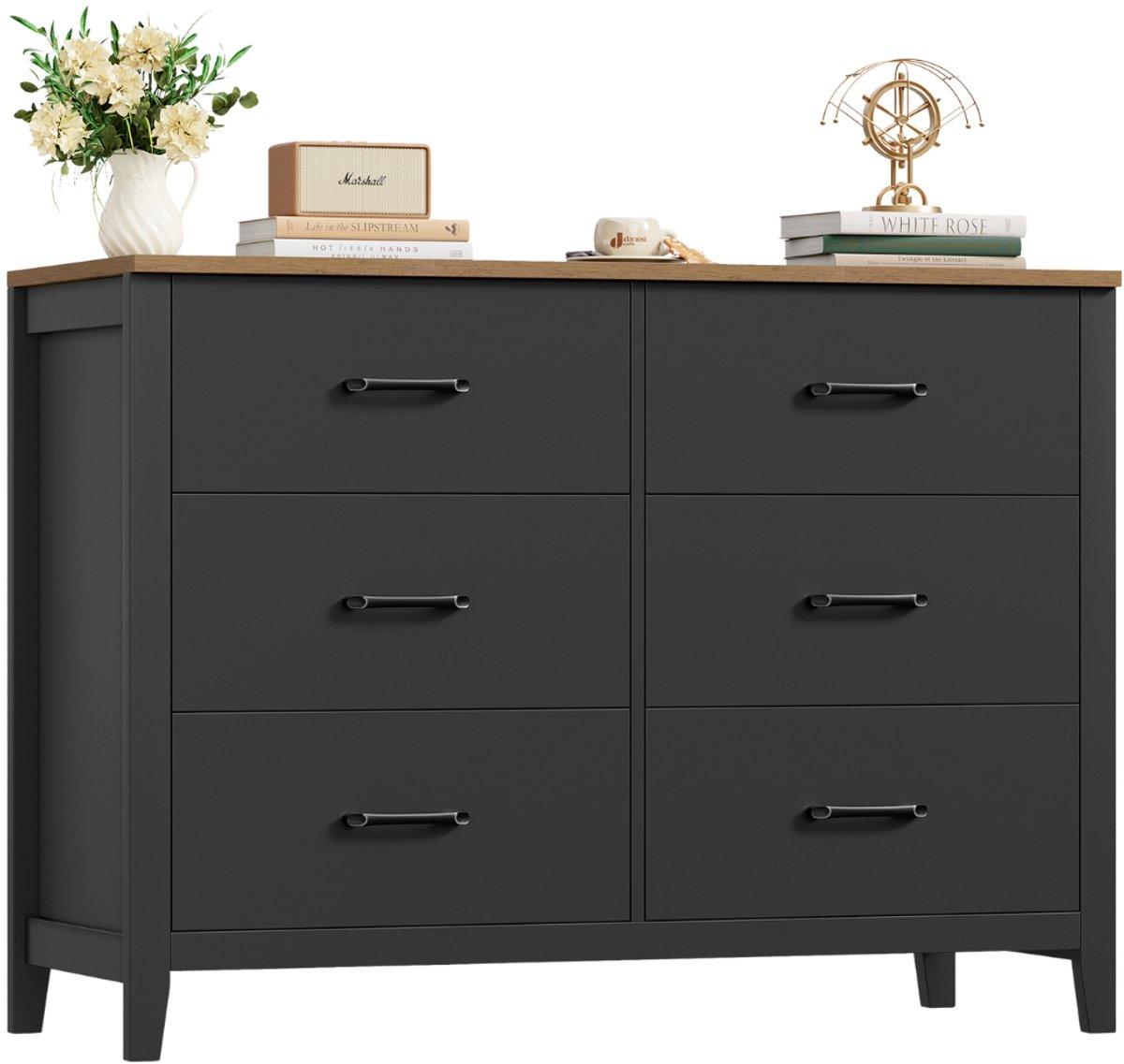 Dresser met 6 Laden – Voor Slaapkamer of Woonkamer – Opbergkast / Sideboard – Zwart met Houten Bovenblad