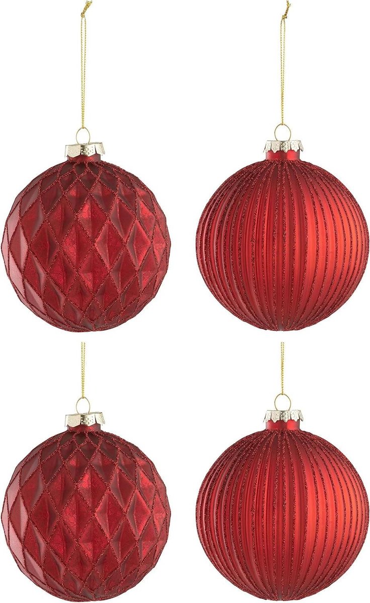 Kerstballen Set - Decoratie Ballen - Kerstboom Versieren - Glas Materiaal - 4 Stuks 10cm - Rood