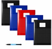 Schriften A4 Ruitjes 10mm - Met Kantlijn - Set van 5 stuks - Basic kleuren - Inclusief GRATIS Balpen - GRATIS verzonden