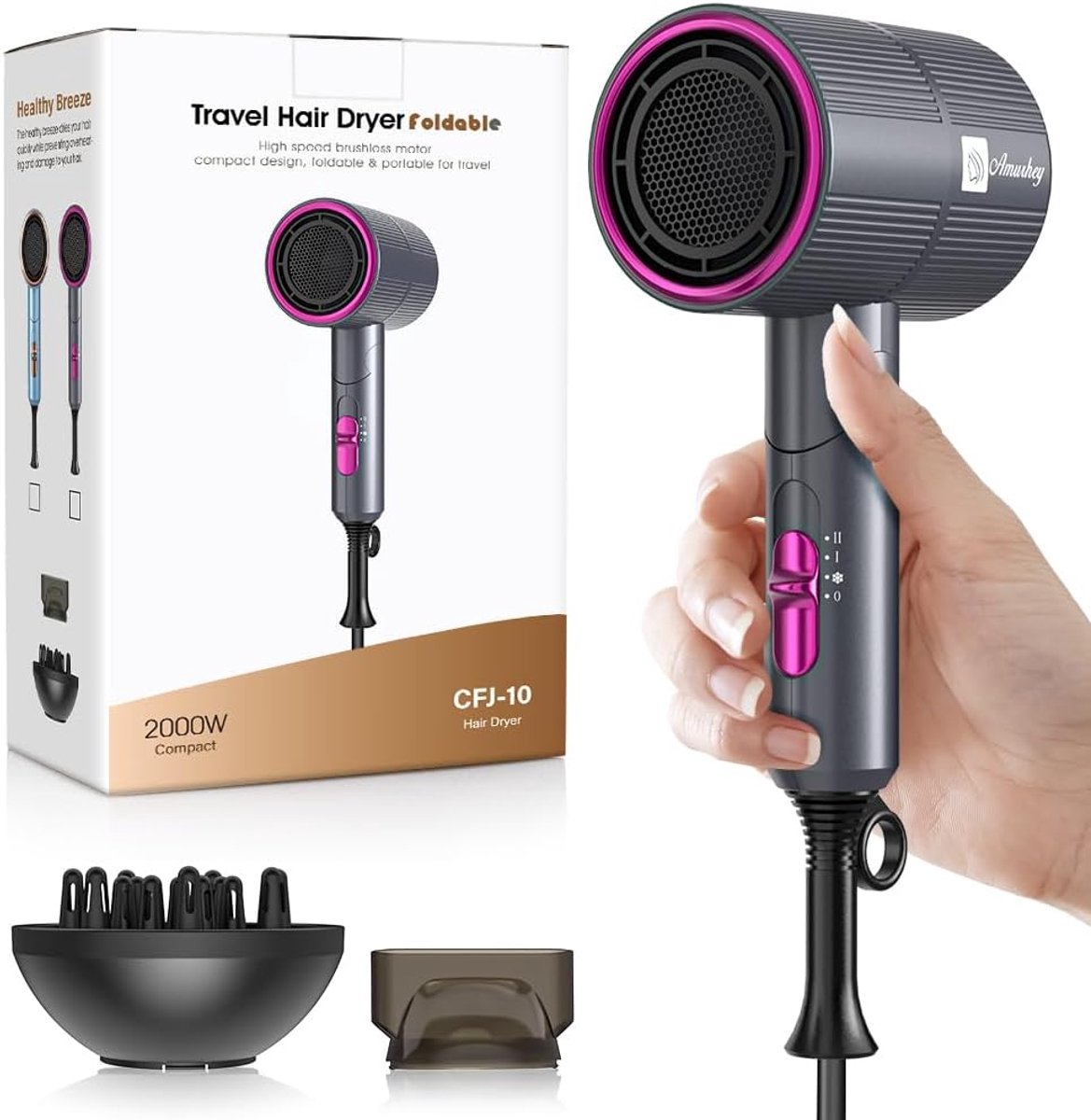 SnelShoppen - Reis Föhn - Lichtgewicht 2000W Vouwbare Föhn met Stylingmondstuk en Diffuser voor Thuis en op Reis - Ideaal voor Camping en Vakantie - S
