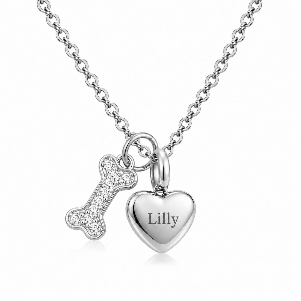 Ashanger Hart Hondenbotje met Stras | Ashanger Hondenbotje met Stras | Zilver | Ashanger Hart met Naamgravure | Honden Ashanger inclusief Graveren | Ashanger Hond met Botje | Petshop Seven