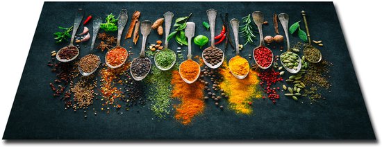 Une rangée de cuillères en métal remplies d'épices et d'herbes colorées variées, dont du piment en poudre et du curcuma, sur fond sombre.