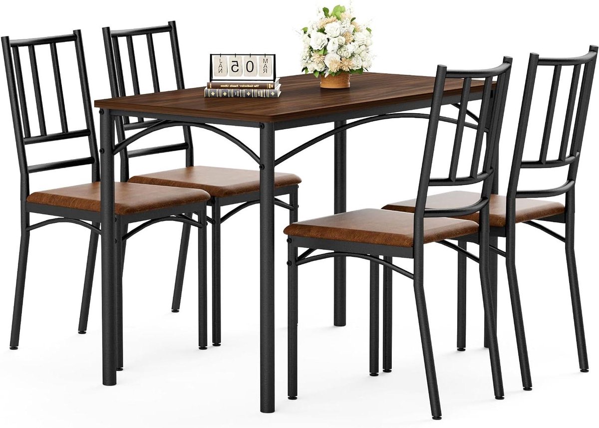 Eettafelset met stoelen - Keukentafel set - Gezellig tafelen - Ruimtebesparend design - 110 x 60 cm - Walnoot bruin