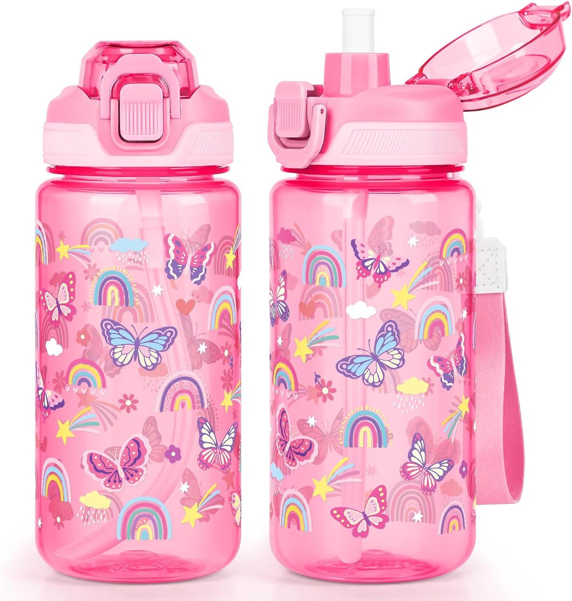 SnelShoppen - Kinderen Waterfles voor School 600 ml Levensbestendige 2-in-1 Waterfles met Afneembare Rietje, Vaatwasserbestendig (Vlinder)
