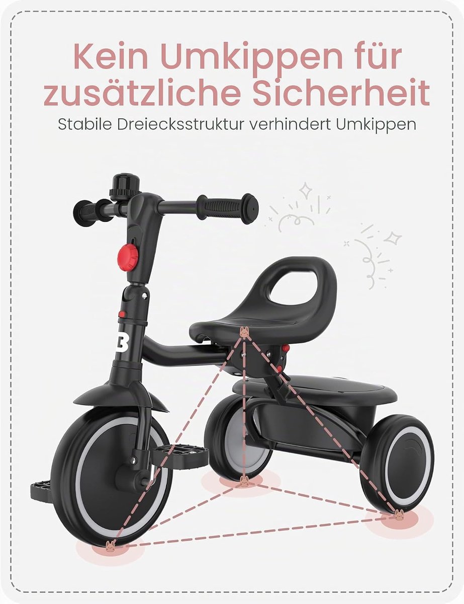SnelShoppen - Kinderdriewieler met bel voor 2-5 jaar, peuterfietsen zwart, veilig en stevig, ideaal voor buiten spelen, driewieler voor peuters, leren