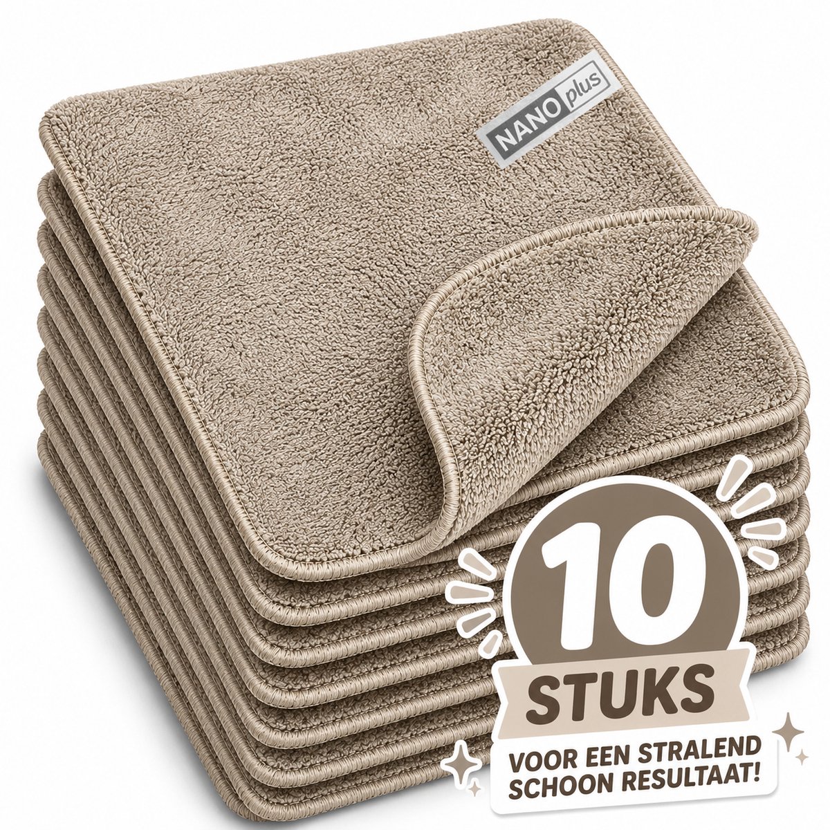 NanoPlus Vaatdoek 10 Stuks Taupe 36x31 cm – Nanovezel Schoonmaakdoek voor Keuken, Glas & RVS
