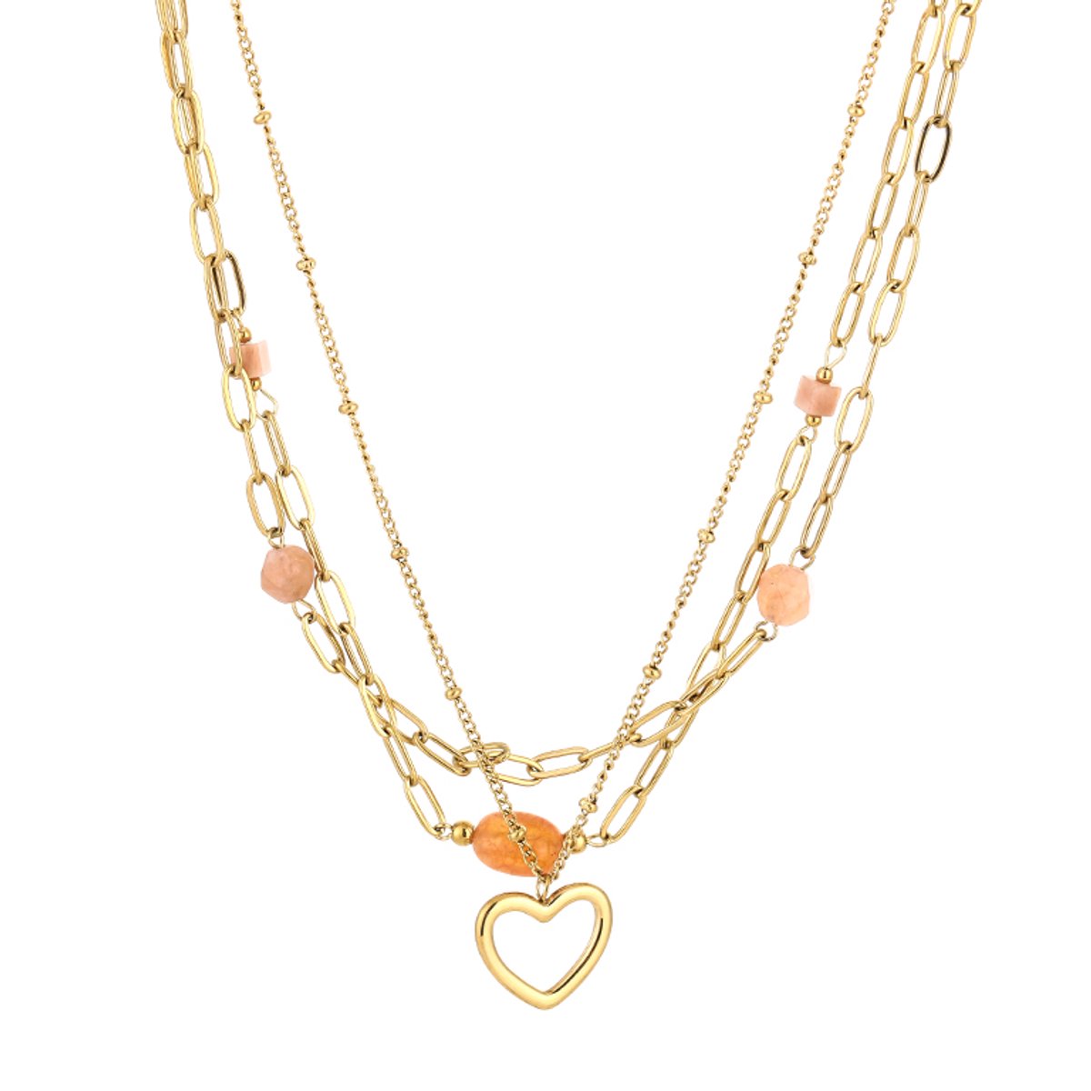Dubbele Ketting Dames met Hartje & Stenen - Roestvrij Staal (RVS) - Layered Ketting 2-in-1 met Open Hart Hanger - Kralen Ketting 40+5 cm - Sieraden Cadeau Vrouw - Oranje