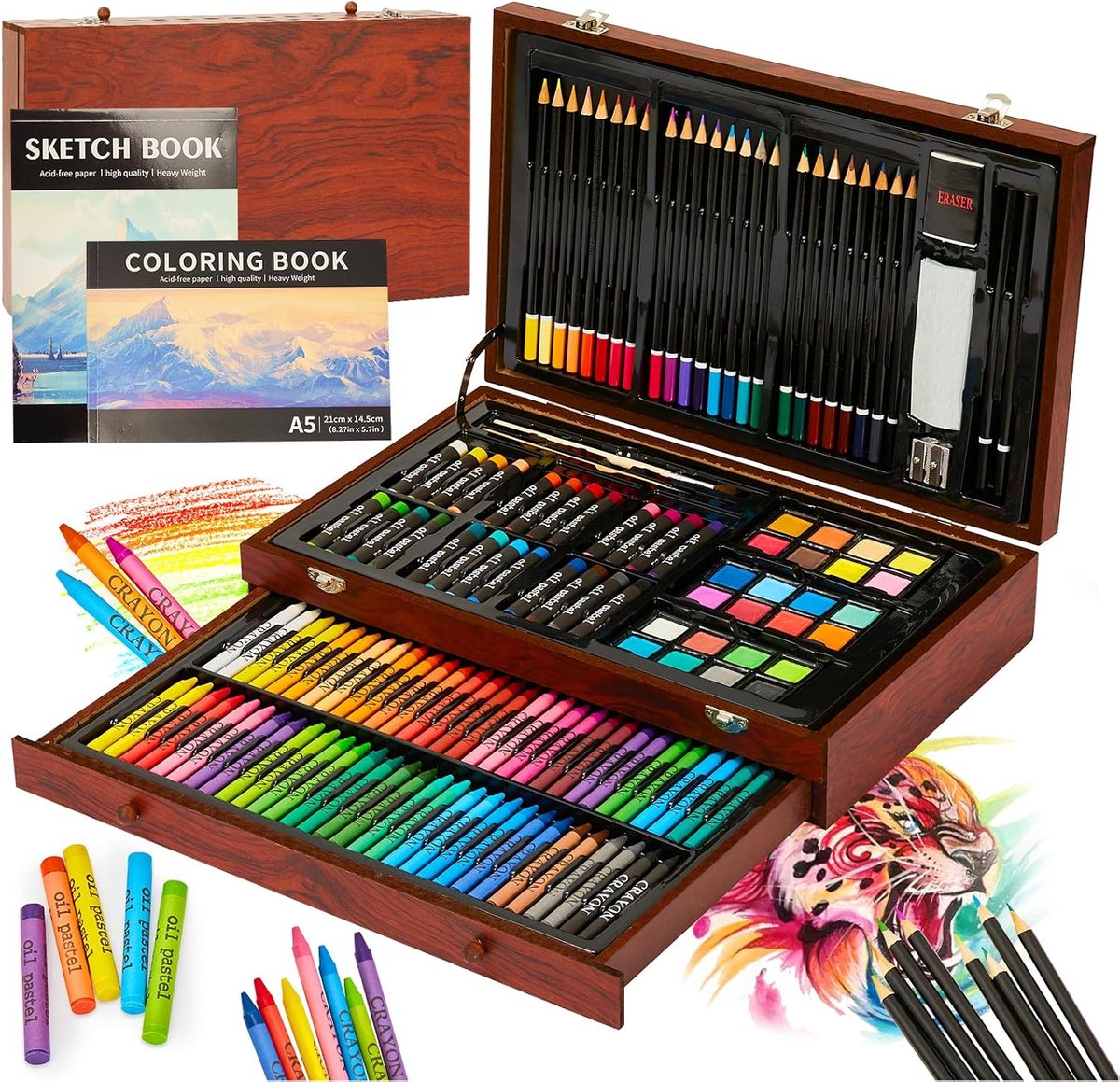 SnelShoppen - Premium schilderkoffer Deluxe 146-delige schilderset voor kinderen, beginners, kleurpotloden, waterverf, oliepastelverf, tekenpotloden,