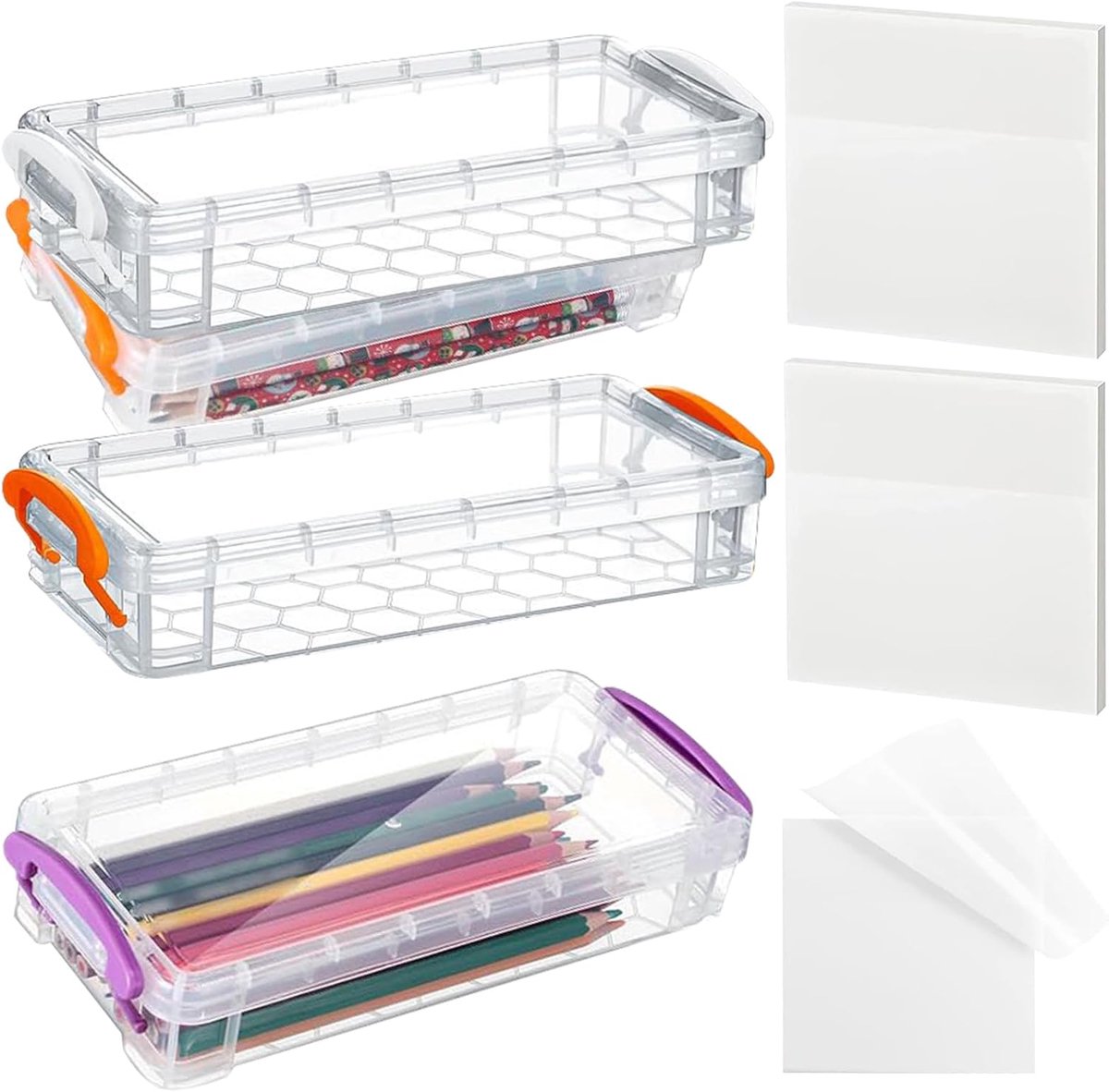 SnelShoppen - 3 Stapelbare Doorzichtige Pennendozen 21 x 10 x 4 cm | Inclusief 2 Zelfklevende Notities, Perfecte Opbergdoos voor Kantoorbenodigdheden,