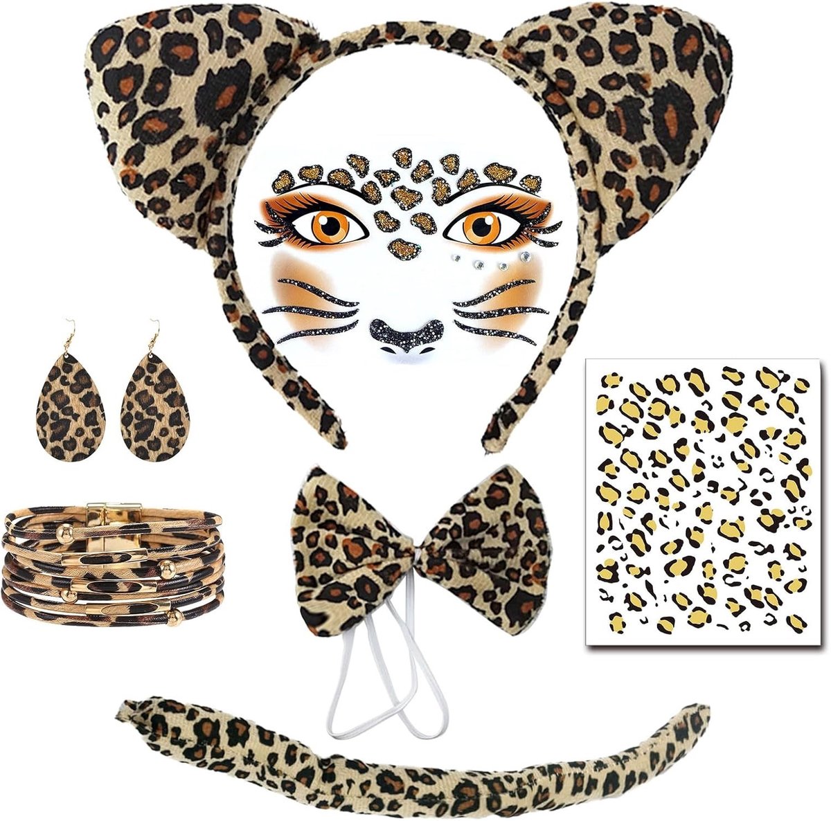 Leopard Print Kostuum Set met Oorband, Staart, Armband en Gezichtstickers voor Carnaval en Feestjes