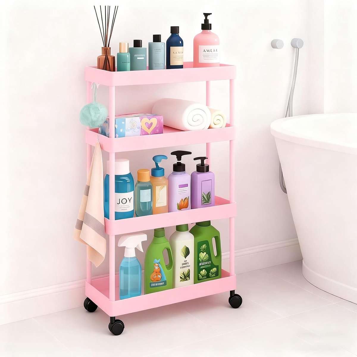4-laagse Slimme Rollende Opslagwagen, Mobiele Plank Organizer voor Keuken, Badkamer en Kantoor, Ideaal voor Kleine Ruimtes (Roze)