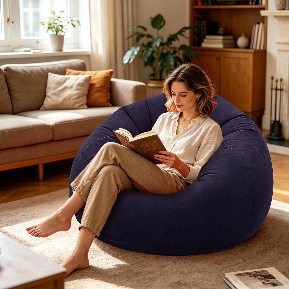 Opblaasbare Sofa en Stoel, Ultra Zacht en Draagbaar, 105 x 105 x 60 cm, Perfect voor Woonkamer, Tuin en Kamperen (Blauw)