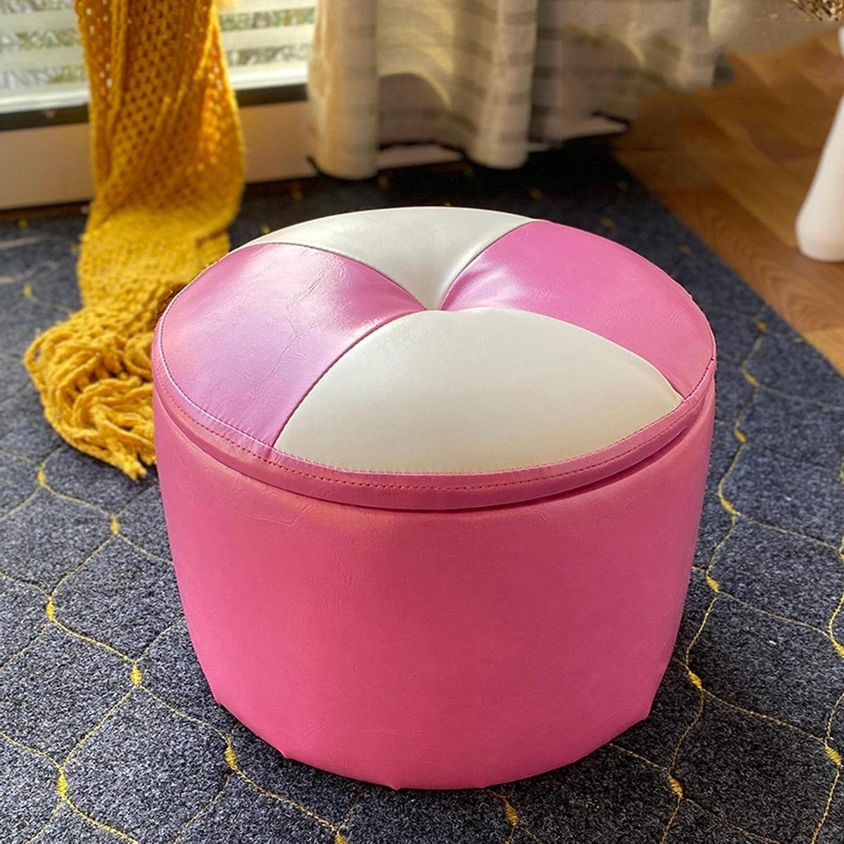 Opbergpoef Leer - Zitzak Poef - Woonkamer Decoratie - Extra Grote Opbergruimte - 40 x 33 cm - Roze Wit
