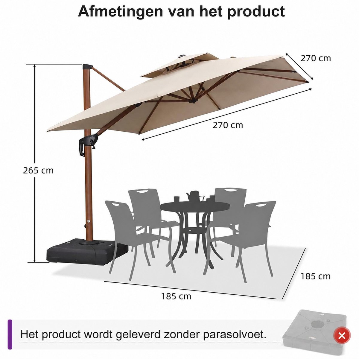 Purple Leaf Parasol déporté inclinable aspect bois 270x270 cm - Kaki