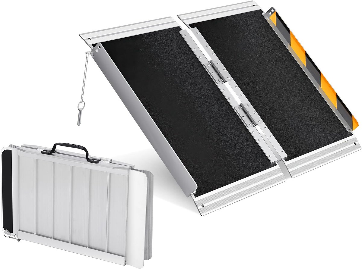 Danky - Opvouwbare Aluminium Rolstoeloprijplaat - Antislip Oppervlak Met Reflecterende Strepen, Veiligheidssloten - Zwart Leer - Een Paar Handschoenen Toe - 120CM